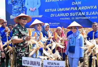 Kasau Marsekal TNI M Tonny Harjono saat panen raya jagung di lahan ketahanan pangan Lanud Sutan Sjahrir, Selasa (23/9)