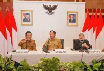 Mendagri RI Tito Karnavian saat memimpin Rapat Koordinasi (Rakor) Pengendalian Inflasi Daerah dari Aula Wan Seri Beni, Dompak, Tanjungpinang, Senin (9/3/2026).