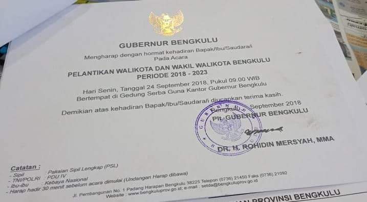 Undangan Pelantikan Wali Kota dan Wakil Walikota Bengkulu periode 2018-2023