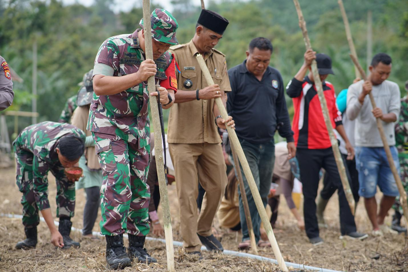 Dansatgas 0408/BS, Kades Bandu Agung serta masyarakat bergotong-royong tanam jagung di area lahan 1,5 hektare. Penanaman dilakukan secara tumpang sari dengan tanaman lainnya.