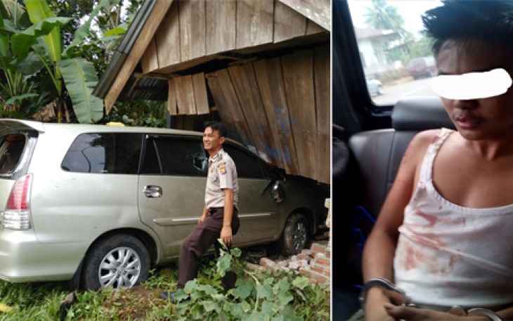 Pelaku pencurian mobil berhasil dilumpuhkan setelah mobil yang dicurinya menabrak warung kosong di depan rumah makan Rahmat Ilahi.