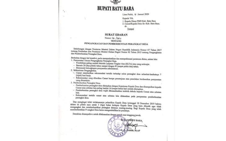 Surat Edaran yang diterbitkan oleh Bupati Batu Bara pada tanggal 14 Januari 2020