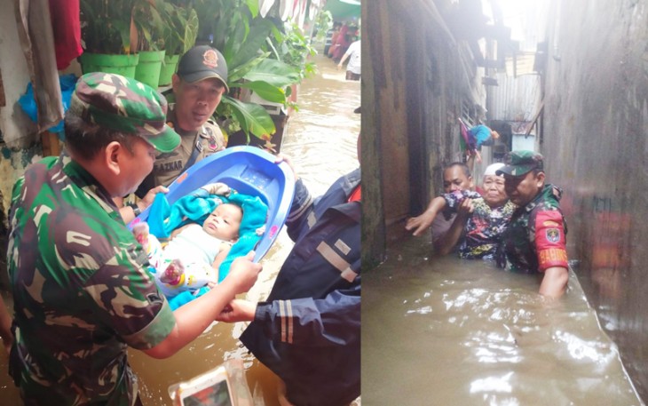 Babinsa Evakuasi Bayi 6 Bulan dan Lansia Terjebak Banjir