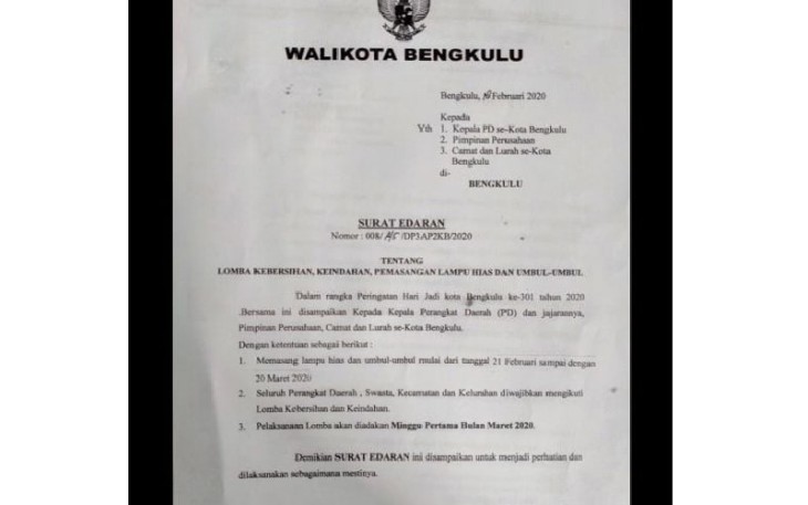 Surat Edaran Wali Kota Bengkulu 