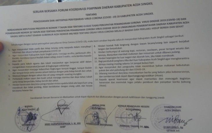 14 Poin Seruan Bersama Antisipasi Covid-19 di Aceh Singkil