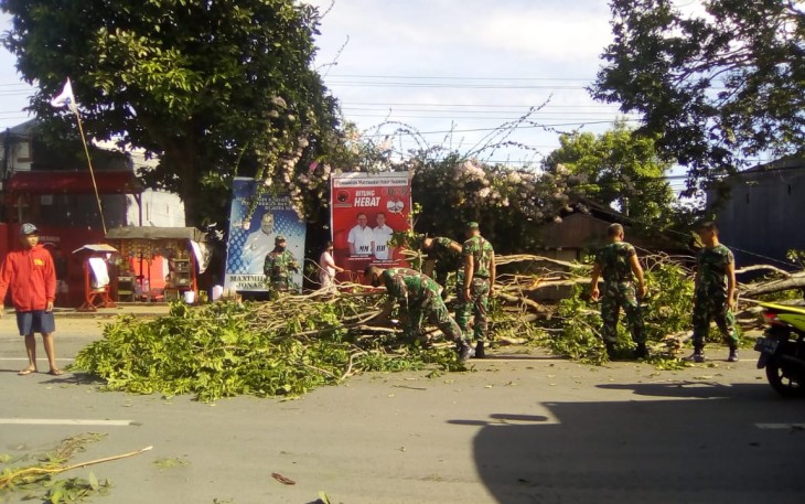 Anggota kodim saat bersih dahan pohon tumbang