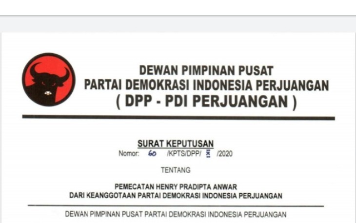 Penampakan Cuplikan Surat Keputusan Pemecatan Henry Pradipta Anwar dari DPP PDI Perjuangan (foto: Istimewa)  
