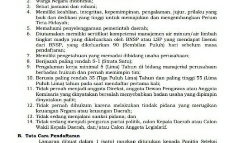 Pemkot Bengkulu Buka Seleksi Calon Direktur Perumda Tirta Hidayah Masa Bakti 2021-2026