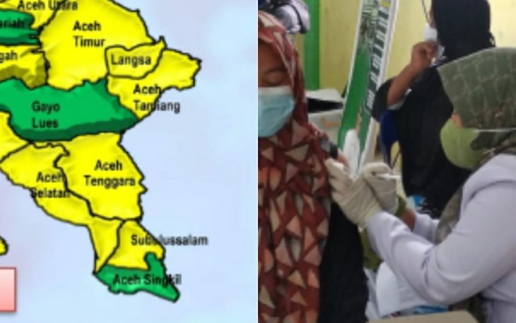 Peta zonasi penyebaran virus covid-19 Provinsi Aceh, dan Tenaga Kesehatan Kabupaten Aceh Singkil saat melakukan vaksinasi disalah satu desa dalam daerah setempat