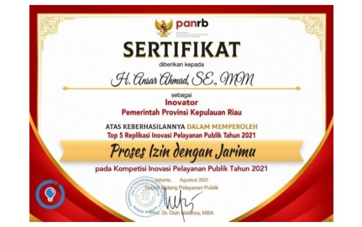 Provinsi Kepri Masuk Top 5 Replikasi Inovasi Pelayanan Publik 2021  Tingkat Nasional 