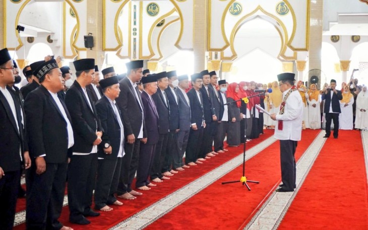 Ketua Umum Dewan Masjid Indonesia (DMI) M. Jusuf Kalla saat Lantik PW DMI Bengkuluperiode 2022 - 2027 ini bertempat di Masjid Raya Kota Bengkulu, Selasa (9/8/22). 