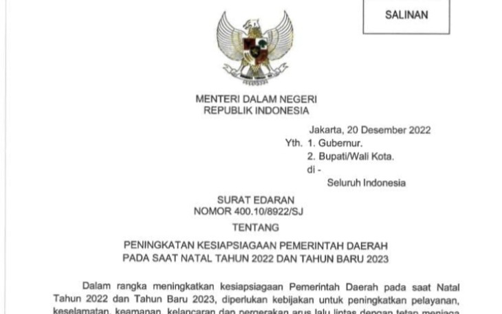 SE Peningkatan Kesiapsiagaan Pemda saat Natal 2022 dan Tahun Baru 2023