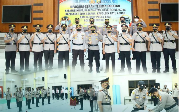 Serah Terima Jabatan 3 Kasat dan 3 (Tiga) Kapolsek Jajaran Polres Bengkulu di Aula Endra Dharmalaksana Polres Bengkulu, Kamis pagi (11/11/2021).