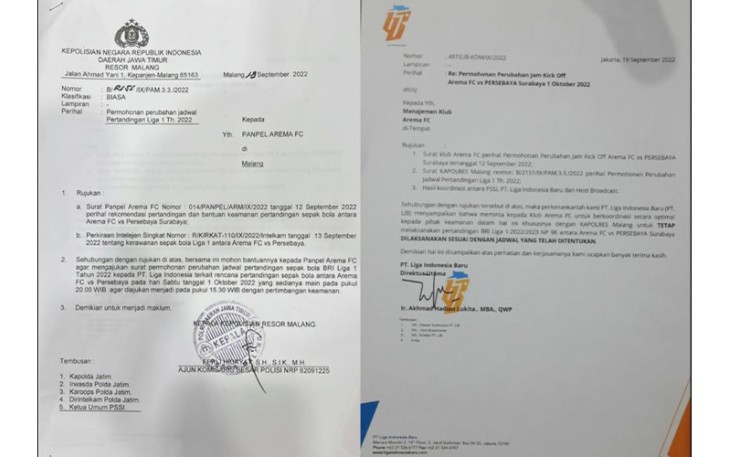 Surat Kepolisian untuk Memajukan Pertandingan Pertimbangan Keamanan dan Surat Balasan dari pihak PT Liga Indonesia Baru