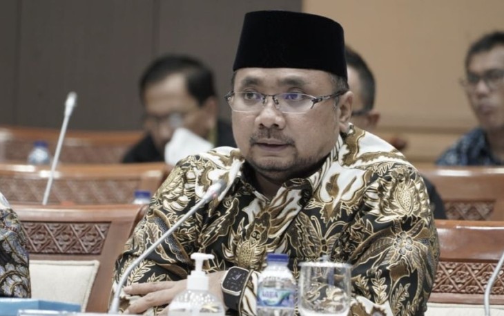 Menag Yaqut Cholil Qoumas saat raker bersama Komisi VIII DPR RI di Jakarta, Kamis (31/8)