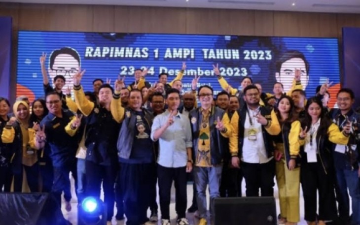 Gibran saat menghadiri rapimnas AMPI 2023 di Kabupaten Minahasa Utara, Sabtu (23/12)