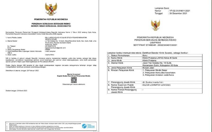 Klinik Pratama Lapas Suliki resmi memiliki surat Perizinan berusaha berbasis risiko.