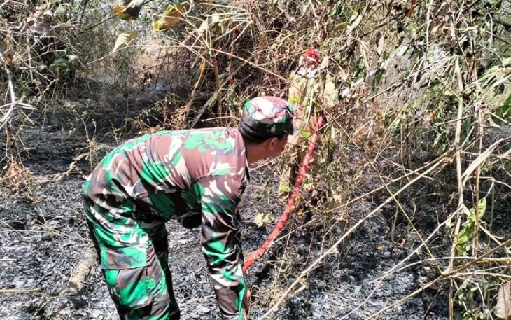 Babinsa Kodim 0803/Madiun Bantu Padamkan Kebakaran Lahan Kosong Milik Warga