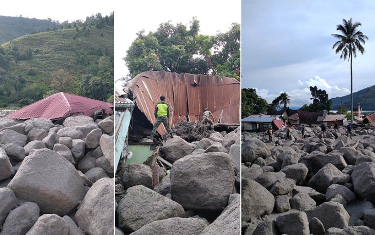  Sejumlah rumah dan bangunan ibadah rusak setelah terdampak banjir bandang di Desa Simangulampe, Kecamatan Baktiraja, Kabupaten Humbang Hasundutan, Sumatera Utara, Sabtu (2/12). Petaka yang terjadi pada Jumat (1/12) malam itu menyebabkan 12 orang hilang dan seorang warga luka berat. Sumber: BPBD Kabupaten Humbang Hasundutan.