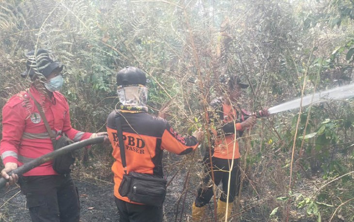 Petugas BPBD Kabupaten Penajam Paser Utara bersama tim gabungan sedang melakukan upaya pemadaman kebakaran hutan dan lahan yang melanda Desa Petung, Kecamatan Penajem, Kalimantan Timur, Kamis (31/8).