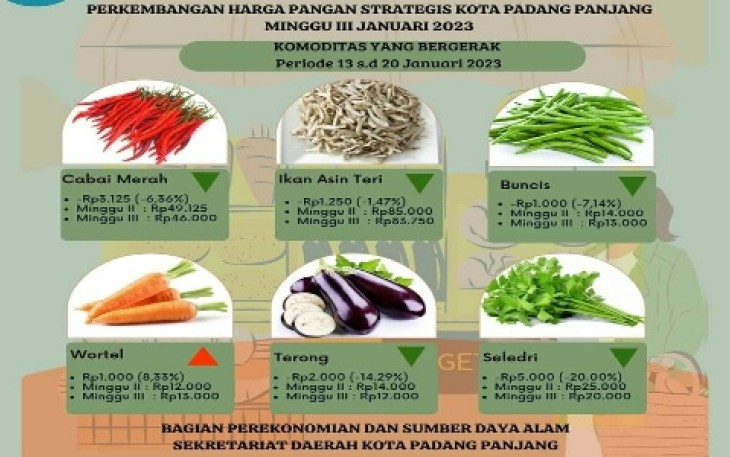 Perkembangan harga pangan strategis Kota Padang Panjang Minggu III 2023.