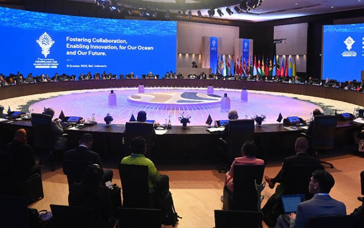 Suasana Konferensi Tingkat Tinggi (KTT) AIS Forum 2023 di Nusa Dua, Badung, Bali, Rabu (11/10/2023). Media Center KTT AIS Forum 2023/Fikri Yusuf/pras.