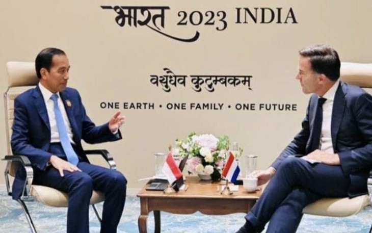  Presiden Joko Widodo saat menggelar pertemuan bilateral dengan PM Belanda Mark Rutte pada Sabtu, 9 September 2023, di Bharat Mandapam, IECC, Pragati Maidan, New Delhi, India.