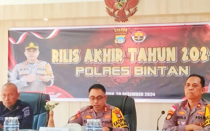 Kapolres Bintan AKBP Riky Iswoyo, S.I.K., M.M., didampingi Wakapolres Bintan, Kompol Eri Sujati, S.H., M.H dan Kasi Humas Polres Bintan Iptu Prasojo, menggelar rilis kerja selama tahun 2024 
