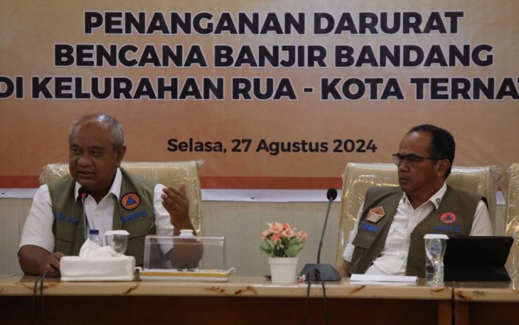 Rapat koordinasi Posko hari kedua yang berlangsung di Kantor Wali Kota Ternate pada Rabu (28/7). Pendampingan BNPB terhadap Posko di fase tanggap darurat pascabanjir bandang di Kelurahan Rua, Kecamatan Pulau Ternate, Kota Ternate, Maluku Utara.