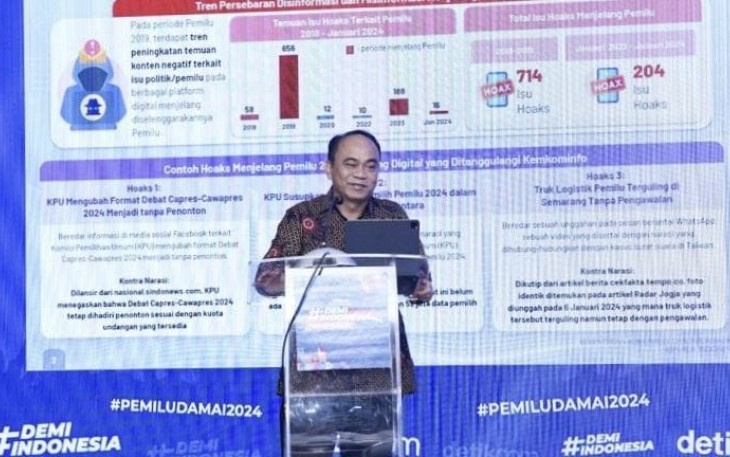 Menkominfo Budi Arie Setiadi dalam Diskusi #DemiIndonesia Memilih di Hotel Savoy Homann Bandung, Jawa Barat, Kamis (18/01/2024).