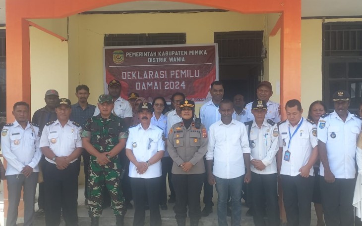 Komandan Koramil 02/Timika Kodim 1710/Mimika Kapten Inf Akhmad Zaini menghadiri acara Deklarasi Pemilu Damai 2024. Acara tersebut berlangsung di Kantor lama Distrik Wania, Kab. Mimika, Rabu (10/01/2024)