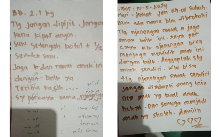 Surat wasiat yang ditinggalkan pelaku pembuang bayi di Cepu Kidul kelurahan Cepu kabupaten Blora