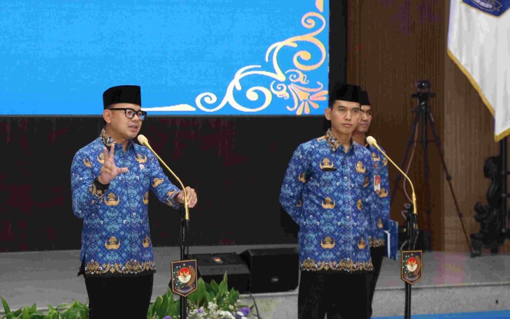 Wamendagri Bima Arya memberikan sambutan usai mengukuhkan kepengurusan KORPRI Kemendagri di Jakarta, Rabu (10/9)