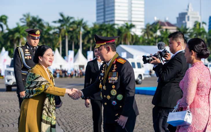 Ketua DPR RI Puan Maharani saat menghadiri upacara dan syukuran Hari Bhayangkara ke-79.