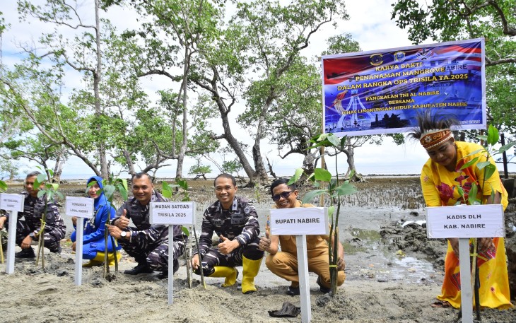 Satgas Trisila-25 dan Pemkab Nabire Tanam 1.000 Mangrove di Pesisir Samabusa