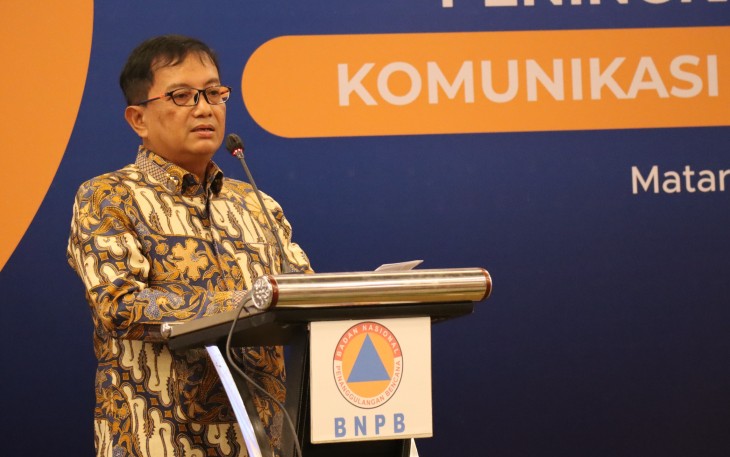 Kepala Pusat Data Informasi dan Komunikasi Kebencanaan BNPB Abdul Muhari, Ph.D menyampaikan laporan kegiatan Bimbingan Teknis Peningkatan Efektivitas Komunikasi Risiko Bencana di Kota Mataram, Provinsi Nusa Tenggara Barat, Selasa (26/8)