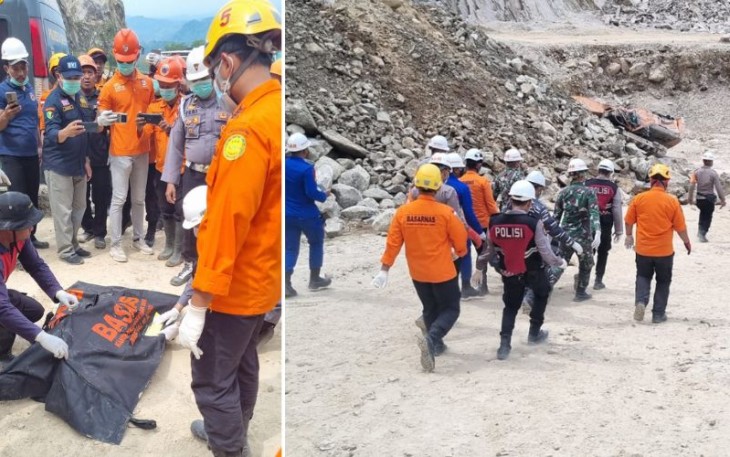 Tim SAR Gabungan saat evakuasi 2 jenazah korban longsor yang terjadi di kawasan tambang galian C Gunung Kuda di Desa Cipanas, Kecamatan Dukupuntang, Kabupaten Cirebon, Jawa Barat pada Minggu (1/6).