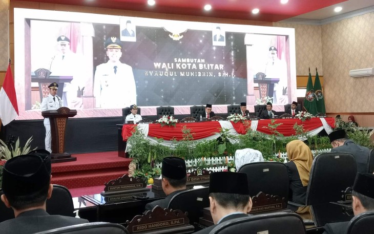 Walikota Blitar Syauqul Muhibbin Saat Sampaikan Sambutan di Acara Sertijab Walikota dan Wakil Walikota Blitar Periode 2025-2030. (Foto : tim Klikwarta.com)