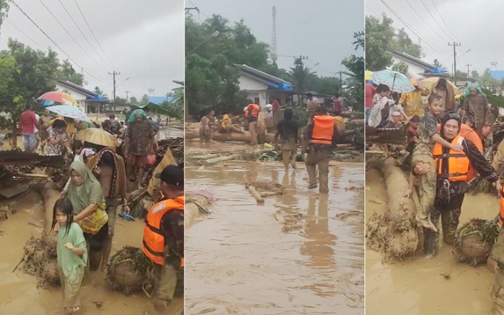 Prajurit TNI saat Evakuasi Warga Banjir Batangtoru, Tapanuli Selatan, Selasa (25/11/2025).