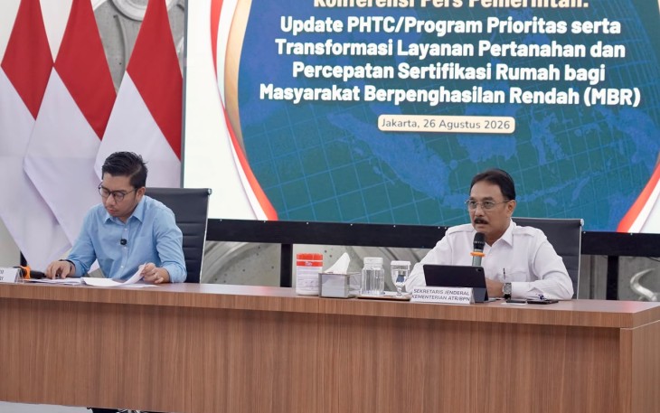 Sekretaris Jenderal (Sekjen) ATR/BPN, Dalu Agung Darmawan, saat konferensi pers di Badan Komunikasi (Bakom) Pemerintah Republik Indonesia, Jakarta