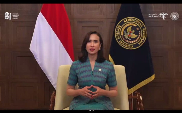 Menteri Pariwisata Widiyanti Putri Wardhana saat sambutan secara virtual pada acara Sustainable Tourism Development Forum (STDev Forum) seri kelima, Kamis (27/8/2026)