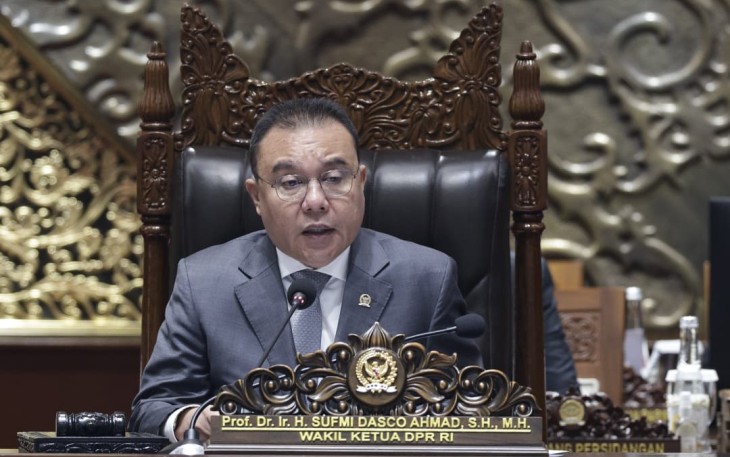 Wakil Ketua DPR RI Sufmi Dasco Ahmad dalam Rapat Paripurna yang berlangsung di Gedung Nusantara II, Kompleks Parlemen, Senayan, Jakarta, Selasa (18/8/2026). 