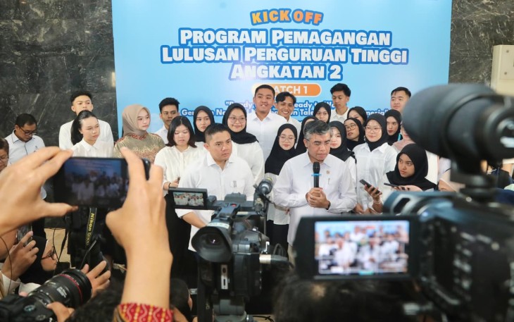 Kick Off dan Orientasi Program MagangHub Angkatan II Batch 1 di Kantor Kemnaker, Jakarta, Selasa (11/8/2026).