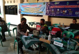 Ratusan personel Kepolisian Resor Pekalongan Kota Polda Jateng, disuntik vaksin Covid-19 di Serambi Mapolres Pekalongan Kota Polda Jateng, Selasa (9/3/2021).
