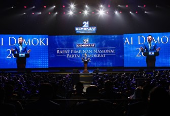 AHY dihadapan kadernya saat Rapat Pemimpin Nasional (Rapimnas) di Jakarta Convention Center, Jakarta Pusat, Kamis (15/9/2022) lalu.