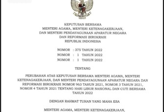 SKB Tiga Menteri Tetapkan Cuti Bersama Idulfitri 1443 H