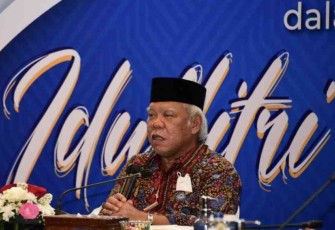 Menteri Basuki saat halalbihalal jajaran kementerian PUPR melalui virtual di Jakarta. Rabu (11/05/2022)