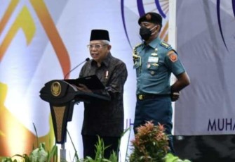Wapres RI KH Ma'ruf Amin saat memberikan sambutan dan menutup Muktamar Muhammadiyah dan Aisyiyah Ke-48 