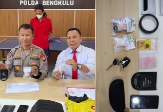 Kabid Humas Polda Bengkulu Kombespol. Sudarno, S. Sos, MH didampingi oleh Kasubdit III Ditresnarkoba Polda Bengkulu Kompol. Manogi Simare-Mare saat Konferensi Pers, Senin (26/09/2022). 