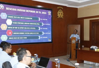 Komandan Koharmatau Marsda TNI Oki Yanuar, S.T., saat memimpin Rapat Koordinasi (Rakor) Inovasi Satuan Koharmatau TA 2024 di Gedung Basjir Soerya Makoharmatau Bandung. Senin (4/9/2023).